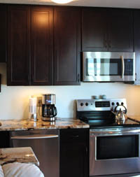 kitchen with dark cabnets and silver accent appliances
