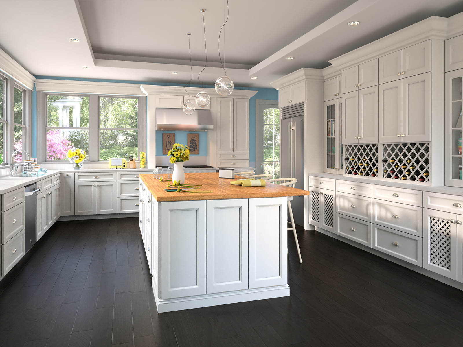 Kitchen with white cabinets and sunflowers around the kitchen